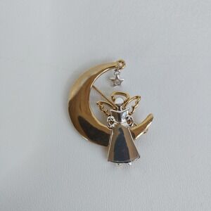Gold Silver‎ Plated And Rhinestone Choir Angel Moon Lapel Pin Brooch